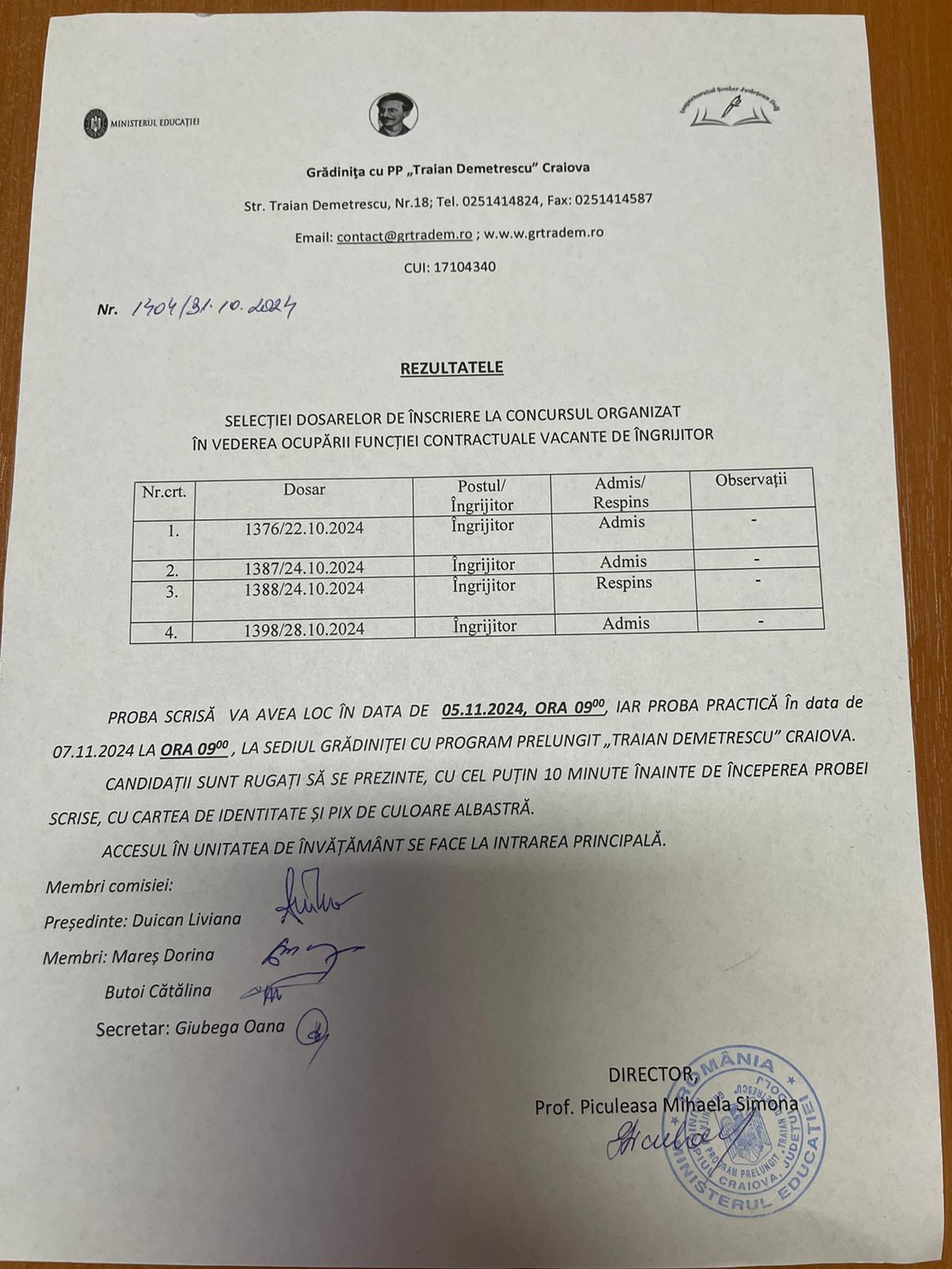 Rezultate concurs post ingrijitoare